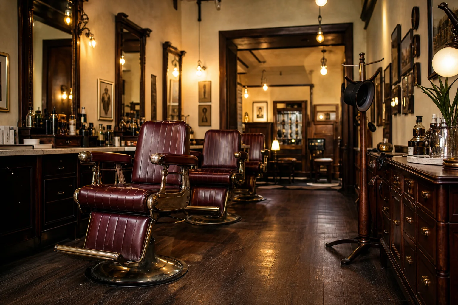 Wnętrze barber shopu BRZYTWA — vintage fotele barberskie i mosiężne detale w ciepłym świetle