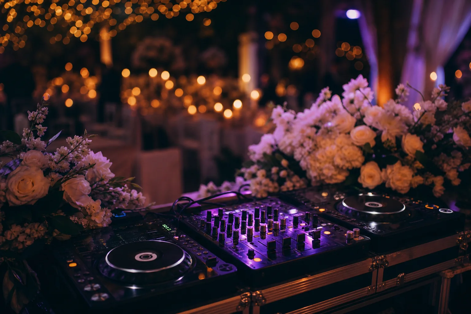 Konsola DJ-ska z mikserem na eleganckim weselu, w tle złote światła