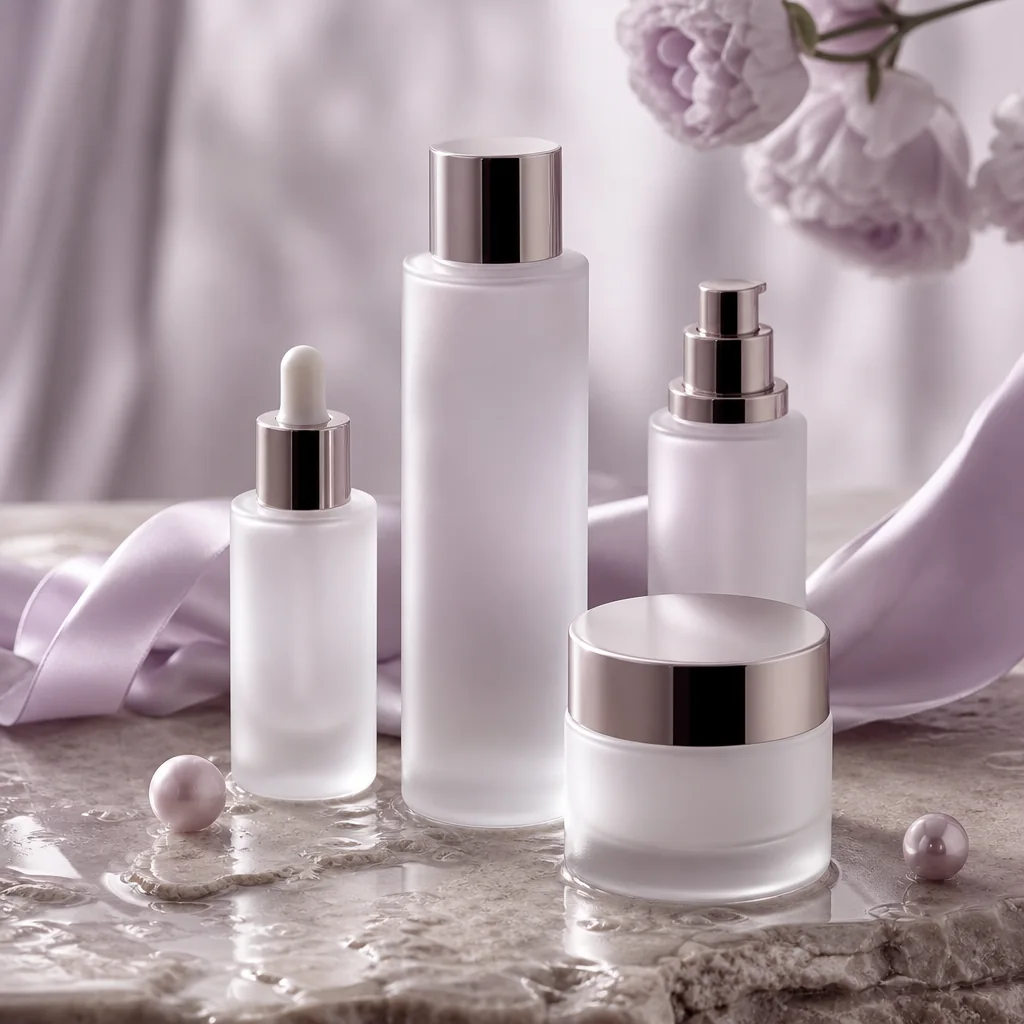 Kosmetyki spa ALABASTER — szklane flakony na kamieniu, w tle lawendowy jedwab
