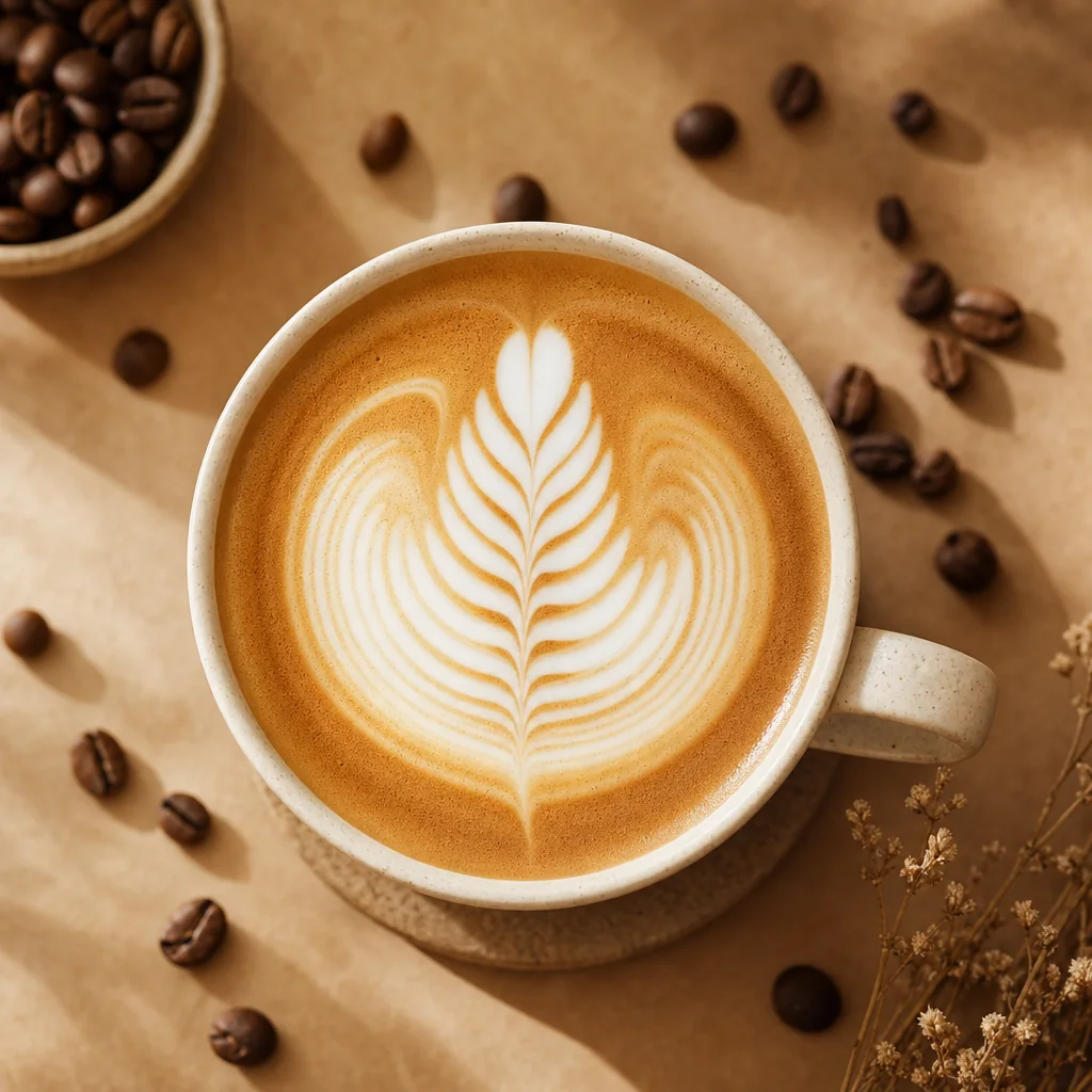 Latte z rozetą z mlecznej pianki widziane z góry na tle papieru pakowego i ziaren kawy