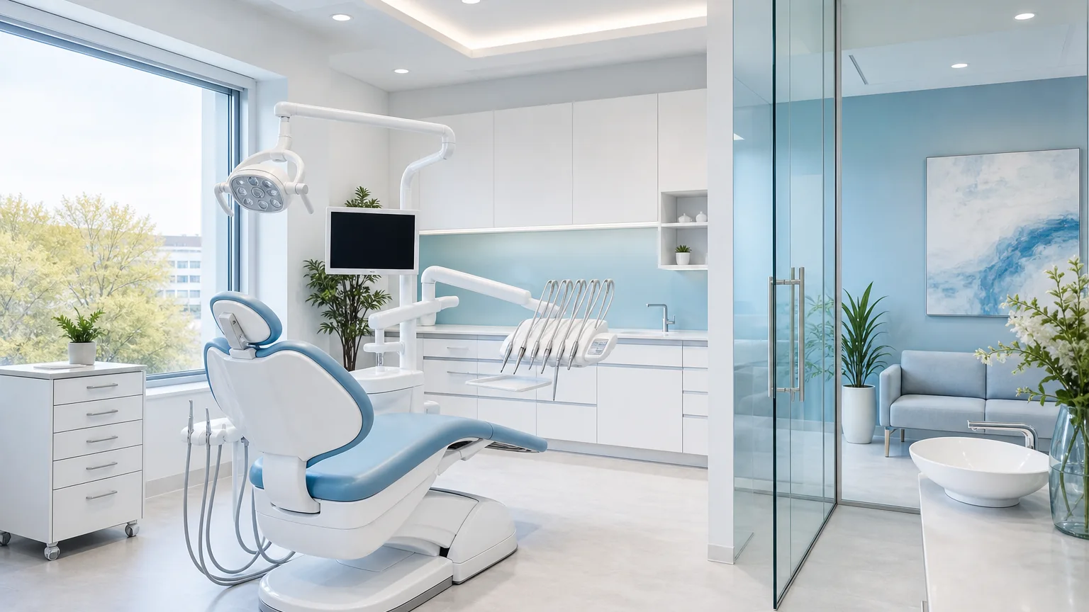 Jasne, przestronne wnętrze gabinetu Kliniki LUMEN — biały unit stomatologiczny w błękitnych detalach, duże okno z widokiem na zieleń i przytulna poczekalnia.
