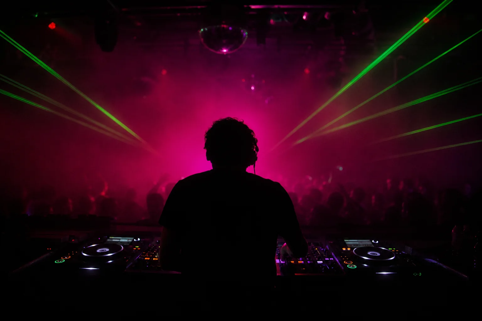Stanowisko DJ-skie w klubie TĘTNO oświetlone magentą