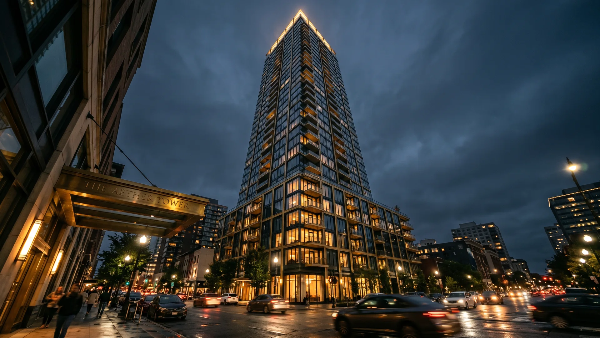 Wieża ZENIT o zmierzchu — apartamentowiec premium na tle panoramy Wrocławia