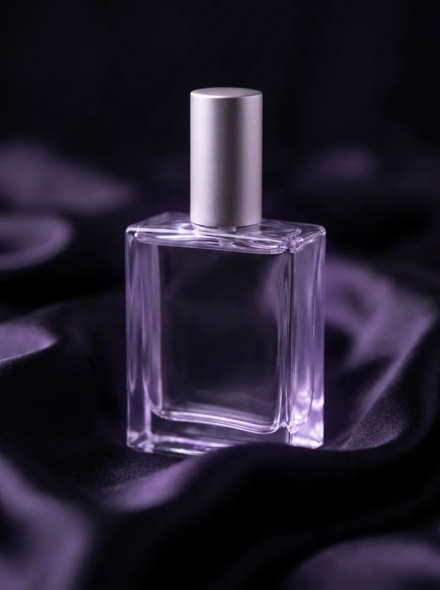 Prosty szklany flakon perfum ze srebrną nakrętką na czarno-fioletowym jedwabiu