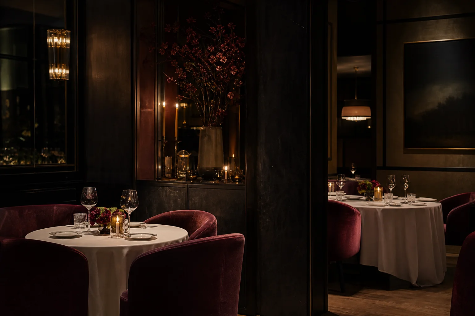 Wnętrze restauracji NOKTURN oświetlone świecami